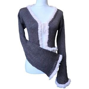 Handmade Knit Cropped Cardigan with Fuzzy Pink Trim – Brown Front Tie Sweater‎